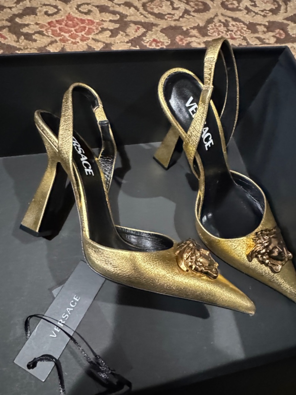 Versace Metallic Gold Medusa Pointed Slingback Heels - Picture 3 of 4